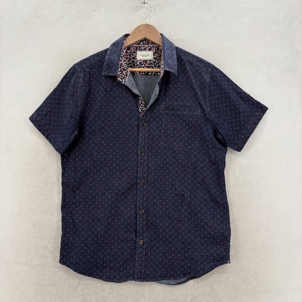 7 Diamonds Shirt Mens Small Blue Polka Dot Short Sleeve Denim Stretch Casual